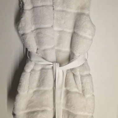White Faux Fur Sleeveless Vest with Tie Belt