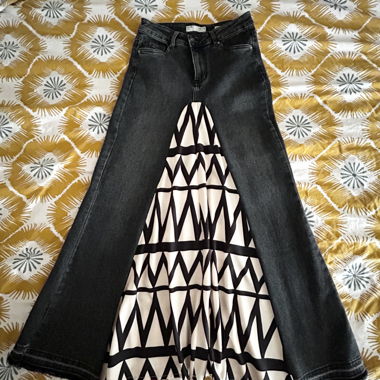 Long black denim skirt with graphic panel