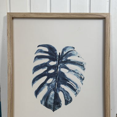 Tableau Monstera Bleu, cadre bois 