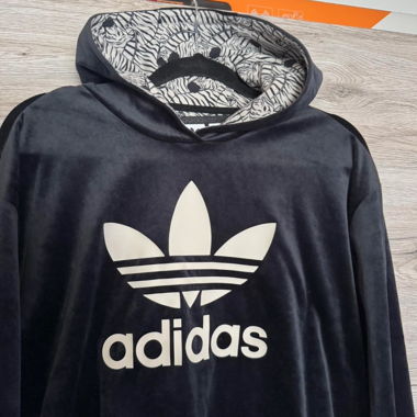 adidas black velvet hoodie with zebra print hood