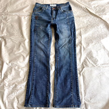 Paneled abstract stitched bootcut denim jeans