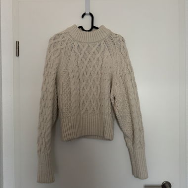 Beige Cable-Knit Sweater with Stand-Up Collar