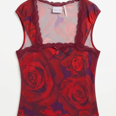 Red Rose Printed Tulle Top