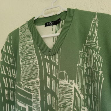 Green Cityscape Knit Vest – Urban Art Style
