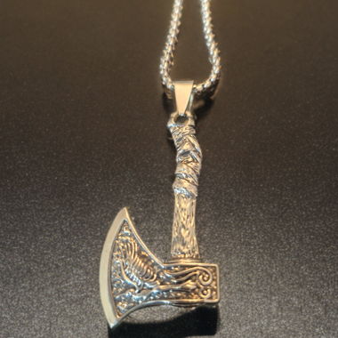 Necklace with axe pendant, guitar pendant