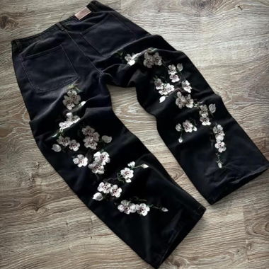 Jeans baggy neri Y2k con motivo floreale