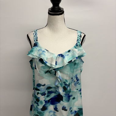WHBM Blue Patterned Top with Ruffles M