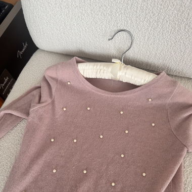 Trendy Powder Pink Pearl-Embroidered Top