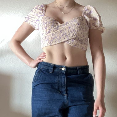 Puffy sleeves top with purple and yellow flowers