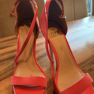 Red heeled sandals with ankle strap