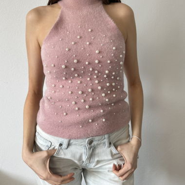 Haut dos nu à bretelles en forme de halter avec perles roses