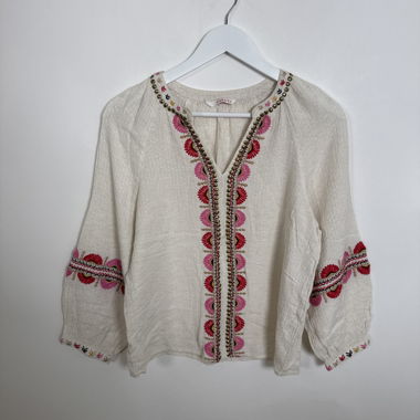 Beigefarbene, bestickte Vintage-Bluse aus Baumwolle