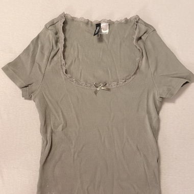 Beige Ribbed Top with Lace, Size S