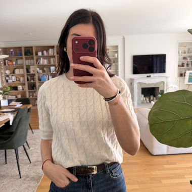 Ecru short-sleeve cable-knit sweater