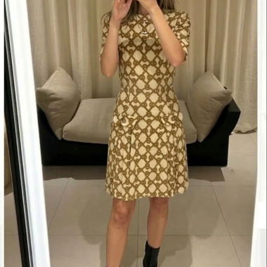 Beige short-sleeve patterned A-line dress