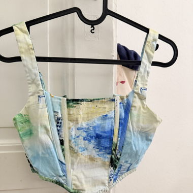 Blue corset top with sea and beach pattern 