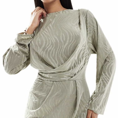 jacquard long sleeve maxi dress in khaki green