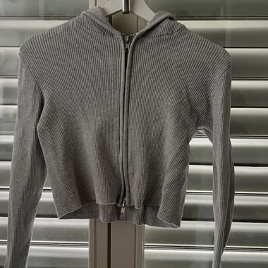 Grey Rib-Knit Hoodie Jacket