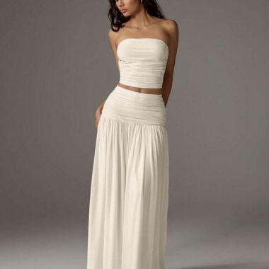 Set Top Corto Fascia Bianco Senza Spalline e Gonna Lunga Maxi