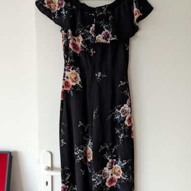 Floral jumpsuit straight leg and off the shoulder 