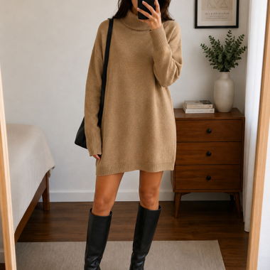 Robe pull col roulé beige