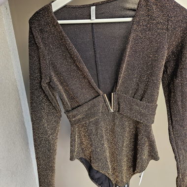 Black and Gold Sequin Long-Sleeve Bodysuit, M