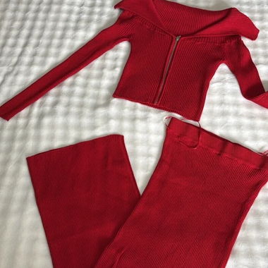 Red Ribbed Zip-Up Set