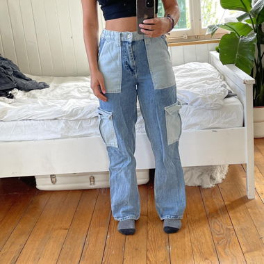 Blue and white patchwork cargo jeans