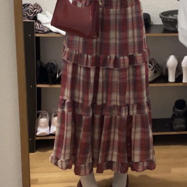 Red plaid tiered maxi skirt