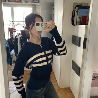 ZARA sweat à capuche zippé rayé navy