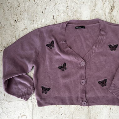 Purple Cropped Cardigan with Butterfly 
