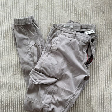 Grey cargo trousers with elastic cuffs