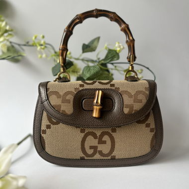 Gucci Small Jumbo Canvas Bamboo 1947 Top Bag