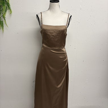 Zara Satin Midi Dress M Brown Straps with Pearls
