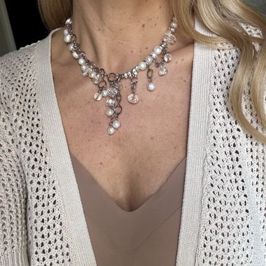 Silver choker with freshwater and crystal pearls
