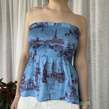 Top bustier imprimé bleu smocké
