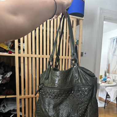 green leather bag