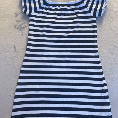 Blue and white striped kids dress - size 152