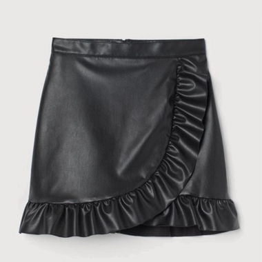 Black faux leather skirt with ruffles