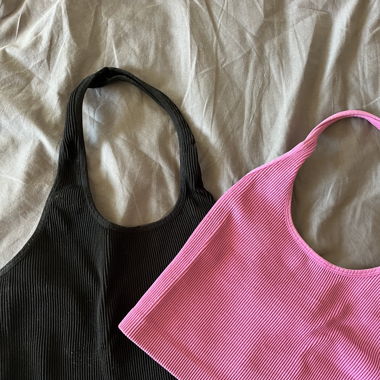 Pink and black halter neck tops