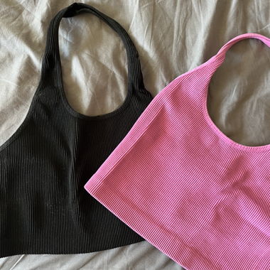 Pink and black halter neck tops