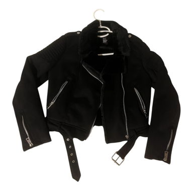 Black faux fur moto jacket with belt from zara