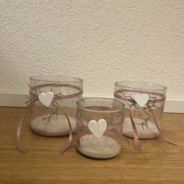 Pot à bougie 3 pièces, rose, avec sable