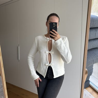 White Knit Cardigan with Tie Knots