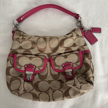 brown & pink monogram coach shoulder bag