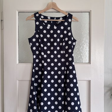Blue sleeveless dress with white dots
