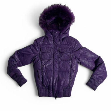 Beautiful violet puffer jacket with a fur hood