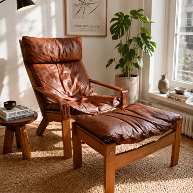 Vintage leather lounge chair with ottoman