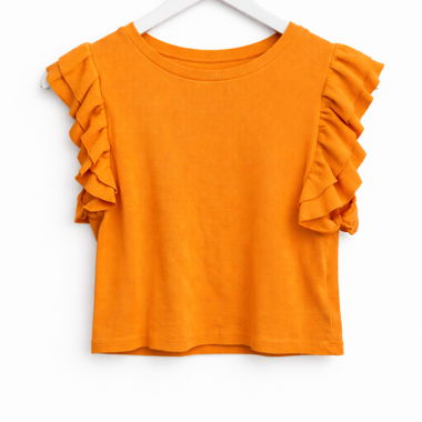 T-shirt arancione senza maniche con volant
