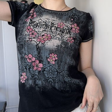 Y2K Jamee J rhinestone floral print shirt